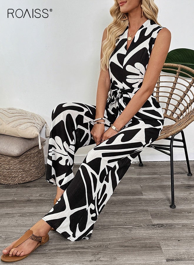 roaiss Women's Professional Zebra Black Floral Jumpsuit Ladies Modest V-Neck Sleeveless Vest Adjustable Waistband Long Pants Breathable Back Zipper One-Piece Jumpsuit for Office Elegant Polished Look - Image 4