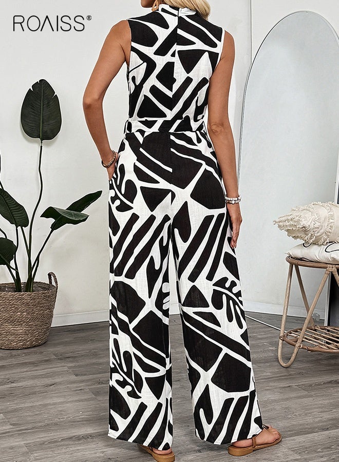 roaiss Women's Professional Zebra Black Floral Jumpsuit Ladies Modest V-Neck Sleeveless Vest Adjustable Waistband Long Pants Breathable Back Zipper One-Piece Jumpsuit for Office Elegant Polished Look - Image 3
