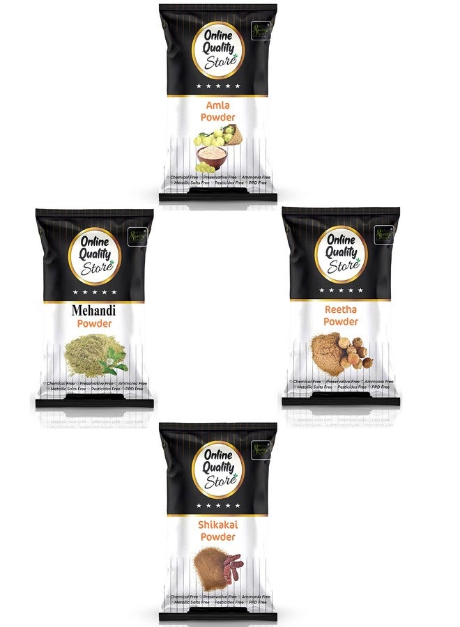 أونلاين كواليتي ستور متجر الجودة عبر الإنترنت: مسحوق للشعر مكون من: ريثا (100 غرام) + أملا (100 غرام) + شيكاكاي (100 غرام) + حناء (100 غرام)، 400 غرام - Image 1