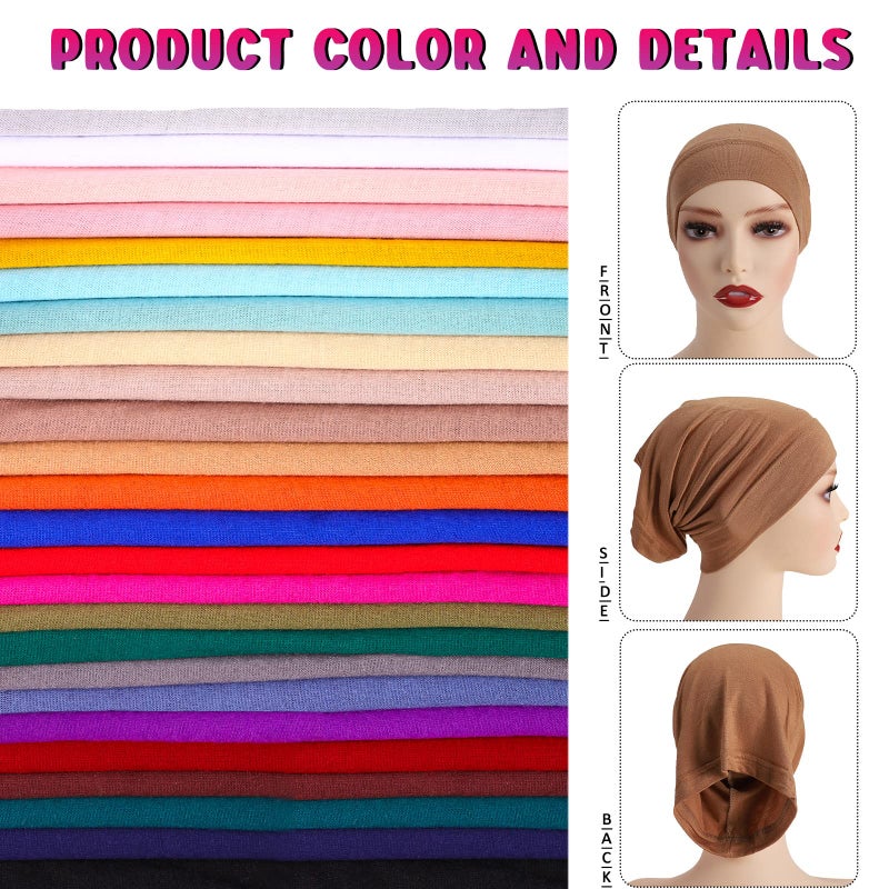 JenPen 25 Pcs Under Scarf Hijab Cap Unisex Dreadlock Cap Women Stretch Under Caps Solid Color Under Scarf Woman Hijab Hats, 25 Colors - Image 5