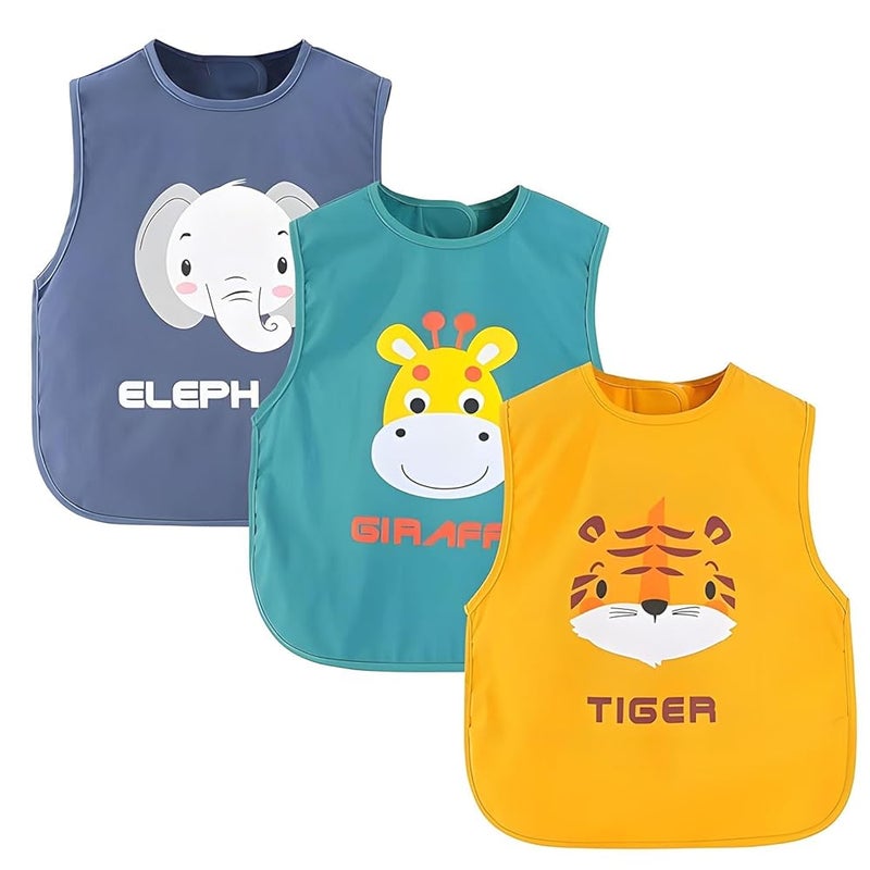 Sleeveless Cotton Twill Cover-Ups – Blue Elephant + Green Deer + Yellow Tiger, Size 90 (0-2 Years), 3 Sets per Bundle