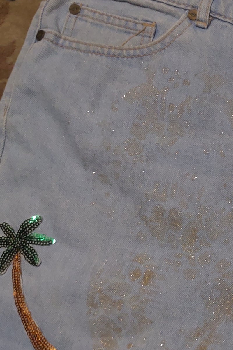 Women denim shorts jeans with palm tree sequined - Image 2