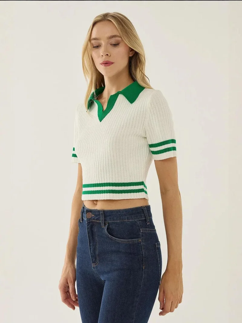 HICCUP Color Blocked Knit Top with Shirt Collar