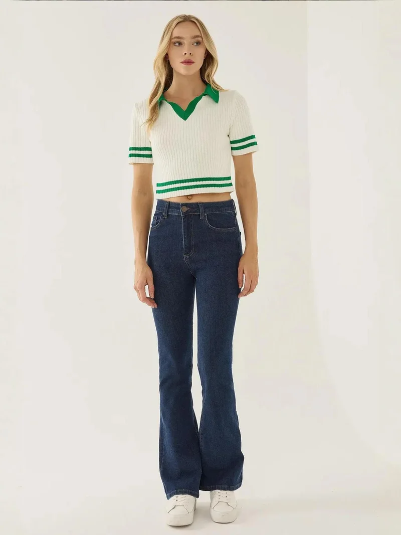 HICCUP Color Blocked Knit Top with Shirt Collar