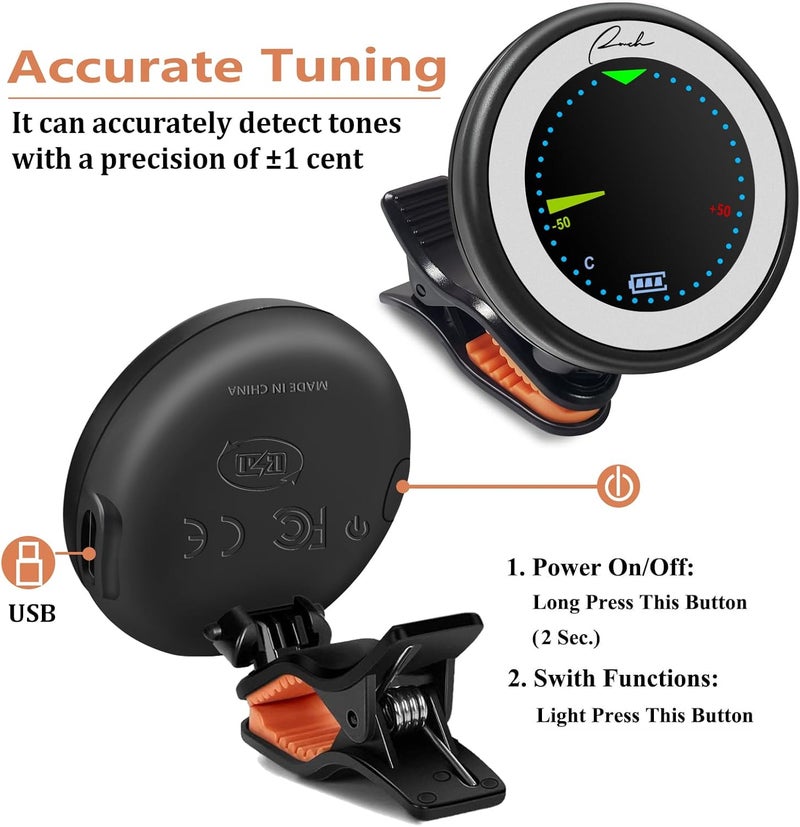 Ranch Store Rechargeable Guitar Tuner Clip On for Acoustic/Electric Guitar, Ukulele, Violin, Bass and Chromatic Tuning Modes - Black - Image 5