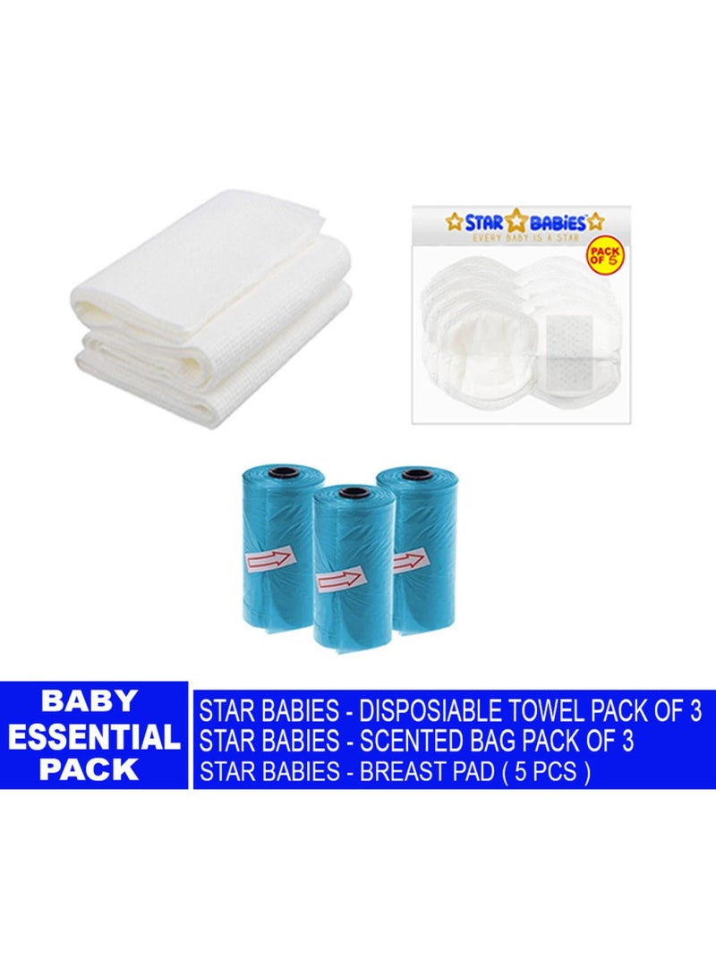 STAR BABiES Baby Essentials Pack Pack Of 3 Disposable Towel 3Pcs Scented Bag 3Pcs Breast Pad 5Pcs - Image 1