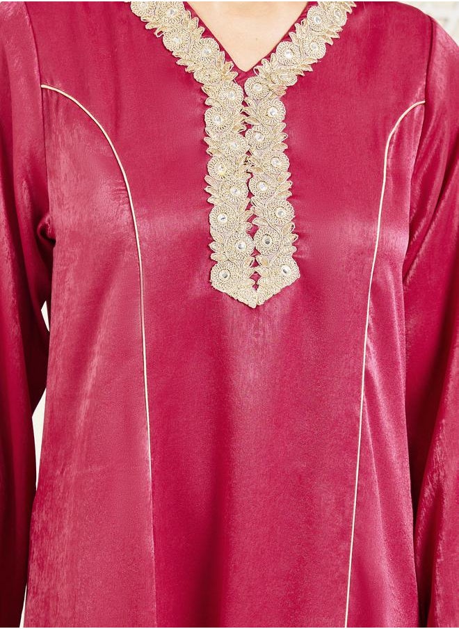 Styli - Contrast Piped Embroidered Jalabiya - Image 1