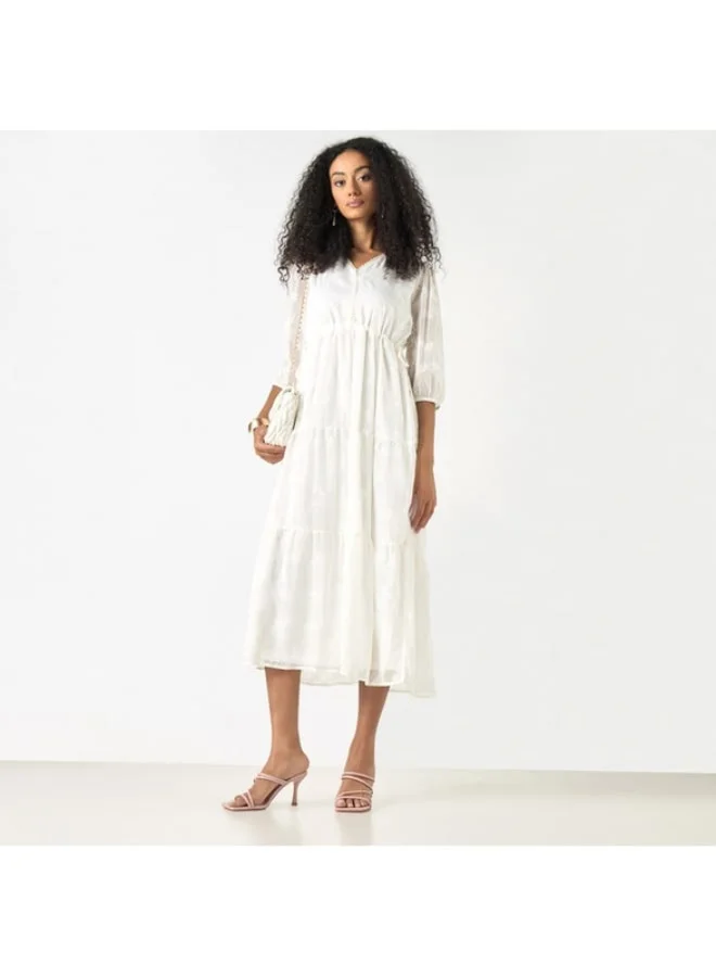 2Xtremz 2Xtremz Embroidered V-neck A-line Midi Dress with Puff Sleeves
