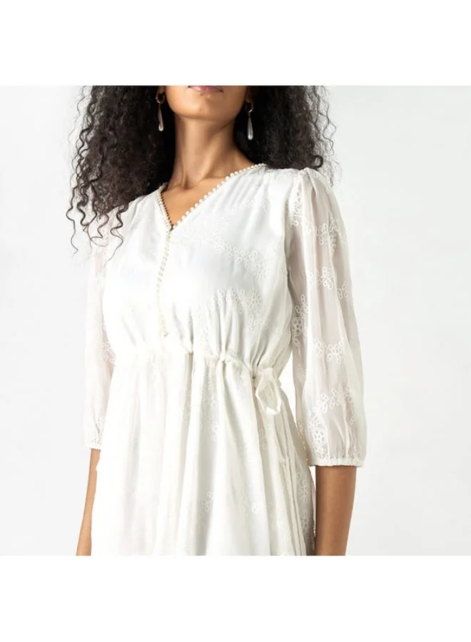 2Xtremz 2Xtremz Embroidered V-neck A-line Midi Dress with Puff Sleeves