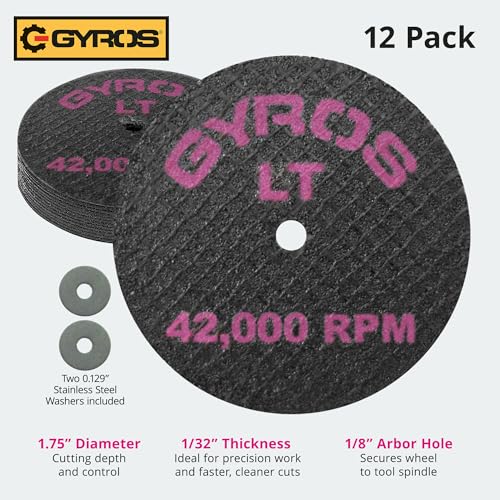 GYROS Cut-Off Wheels for Rotary Tools – 1.75” Low-Tensile Fiberglass Reinforced, 12-Pack | Cuts Wood, Plastic, Stone, Ceramic, Aluminum, Copper, Brass | Made in USA 11-21702/12 - Image 3
