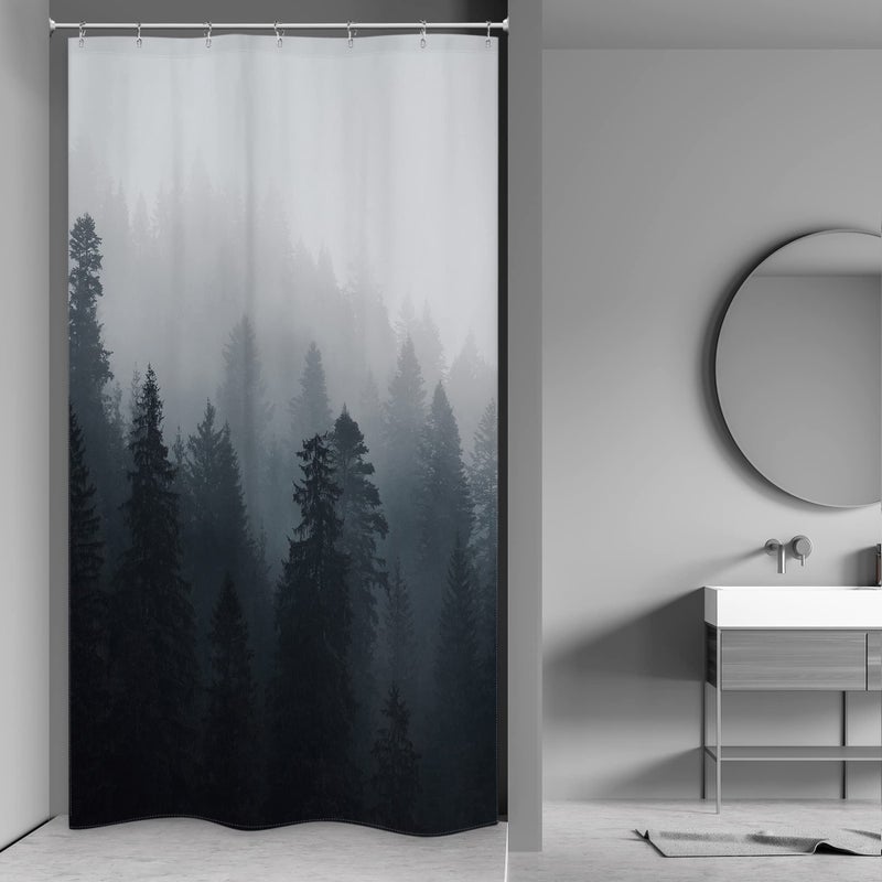 Riyidecor Stall Forest Dark Men Small Half Shower Curtain 36Wx72H Inch Nature Gothic Tree Winter Mountain Foggy Woodland Narrow Decor Bathroom Windows Fabric Polyester Waterproof 7 PCS Plastic Hooks - Image 1