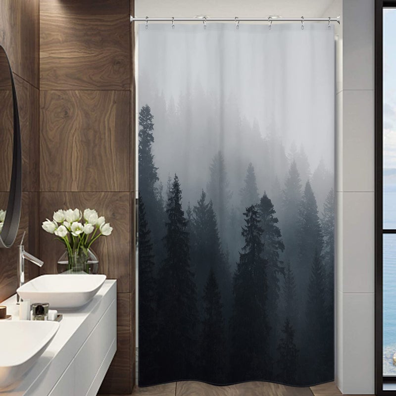 Riyidecor Stall Forest Dark Men Small Half Shower Curtain 36Wx72H Inch Nature Gothic Tree Winter Mountain Foggy Woodland Narrow Decor Bathroom Windows Fabric Polyester Waterproof 7 PCS Plastic Hooks - Image 2