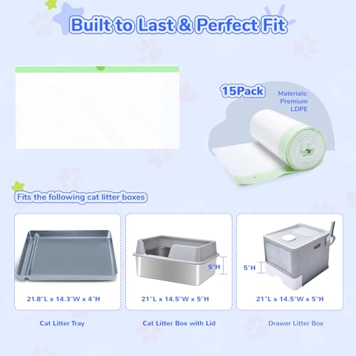 PETOCAT Cat Litter Liners for Pet Scoop Free Crystal Litter Tray, Open/Hooded Litter Pan and Pull-out Litter Box Sliding Drawer, Tear-resistant Disposable Replacement Kitty Poop Bags (15 Count, 37 W x 13 H) - Image 2