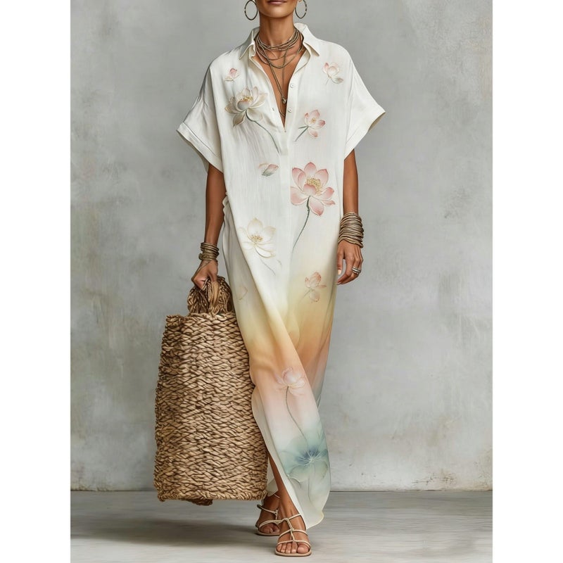 New Style Printed V-Neck Loose Robe Elegant Women's Kaftan Dress
