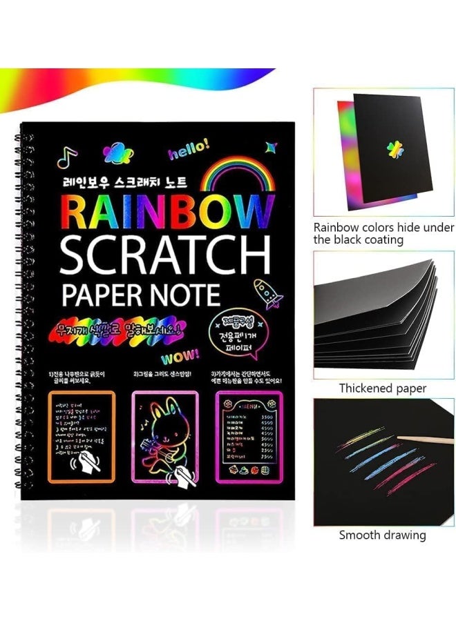 Premify 2 × دفاتر فن ورق الخدش | مجموعة من 2 كتاب + 8 قلم رسم + 8 قوالب رسم | مجموعة فن الخدش قوس قزح لنشاط الأطفال لوحة تلوين أدوات الحرف السحرية السوداء هدية عيد الميلاد - Image 2