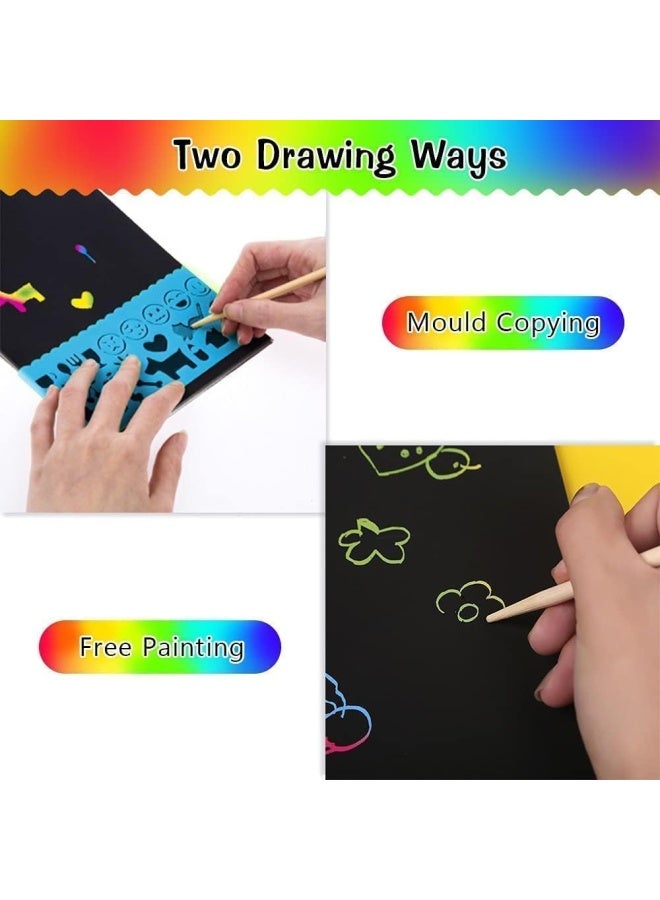 Premify 2 × دفاتر فن ورق الخدش | مجموعة من 2 كتاب + 8 قلم رسم + 8 قوالب رسم | مجموعة فن الخدش قوس قزح لنشاط الأطفال لوحة تلوين أدوات الحرف السحرية السوداء هدية عيد الميلاد - Image 4