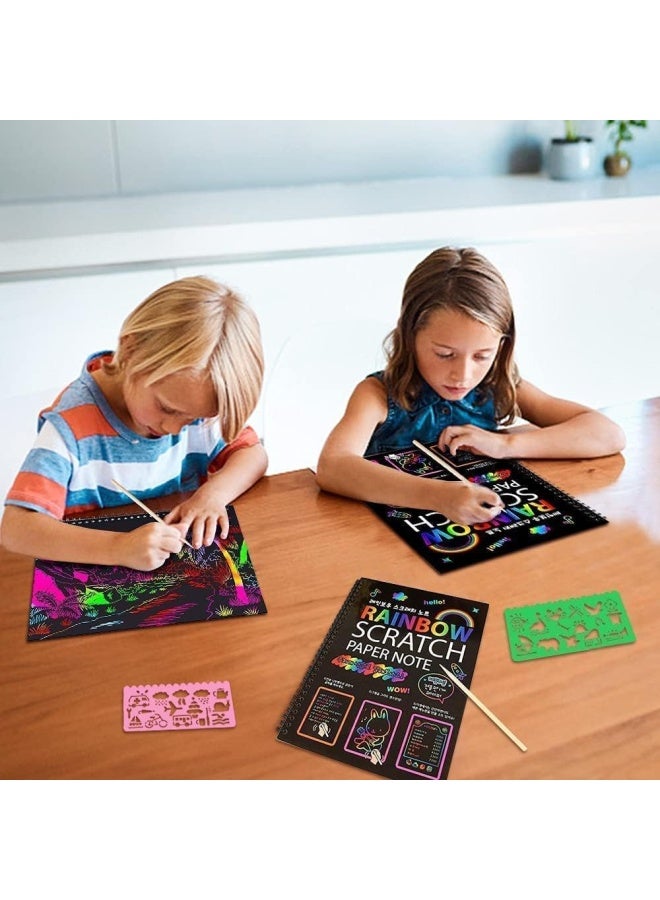 Premify 2 × دفاتر فن ورق الخدش | مجموعة من 2 كتاب + 8 قلم رسم + 8 قوالب رسم | مجموعة فن الخدش قوس قزح لنشاط الأطفال لوحة تلوين أدوات الحرف السحرية السوداء هدية عيد الميلاد - Image 5
