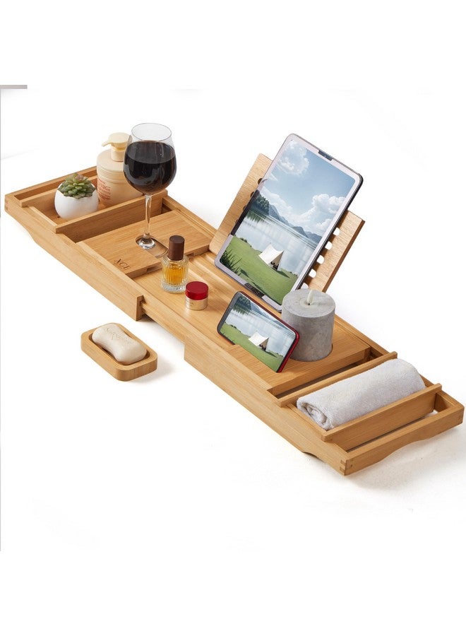XcE Bathtub Caddy Tray Expandable to 105cm with Bamboo Book Stand and Soap Tray, Natural - Image 2