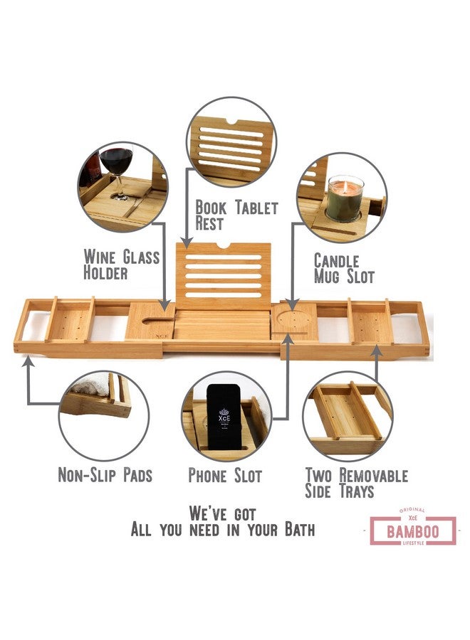 XcE Bathtub Caddy Tray Expandable to 105cm with Bamboo Book Stand and Soap Tray, Natural - Image 3