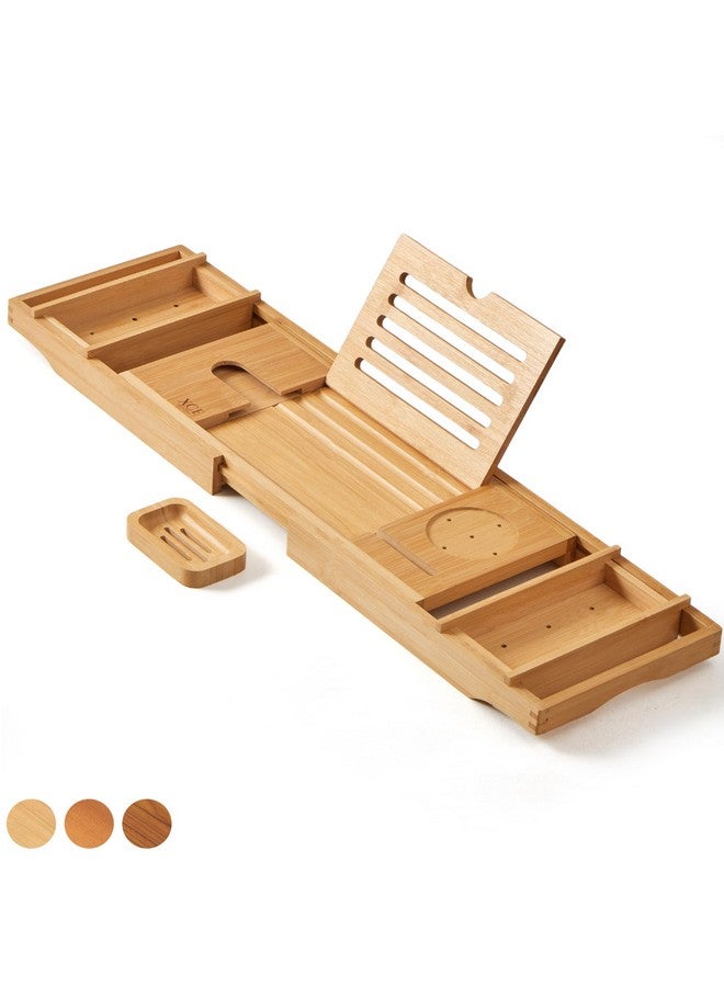 XcE Bathtub Caddy Tray Expandable to 105cm with Bamboo Book Stand and Soap Tray, Natural - Image 1
