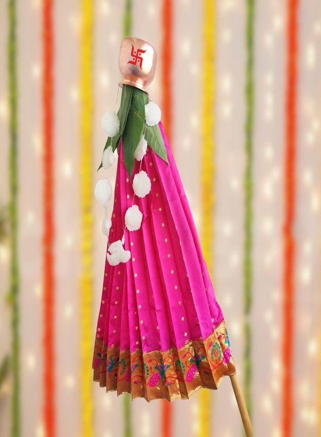 PUNYATVA Gudhi Vastra for Gudhi Padwa Festival (Paithani, Pink) | Traditional Maharashtrian Gudi Cover Saree Cloth for GudiPadva | Readymade Ugadi & GudhiPadawa Decoration Pooja Décor - Image 2