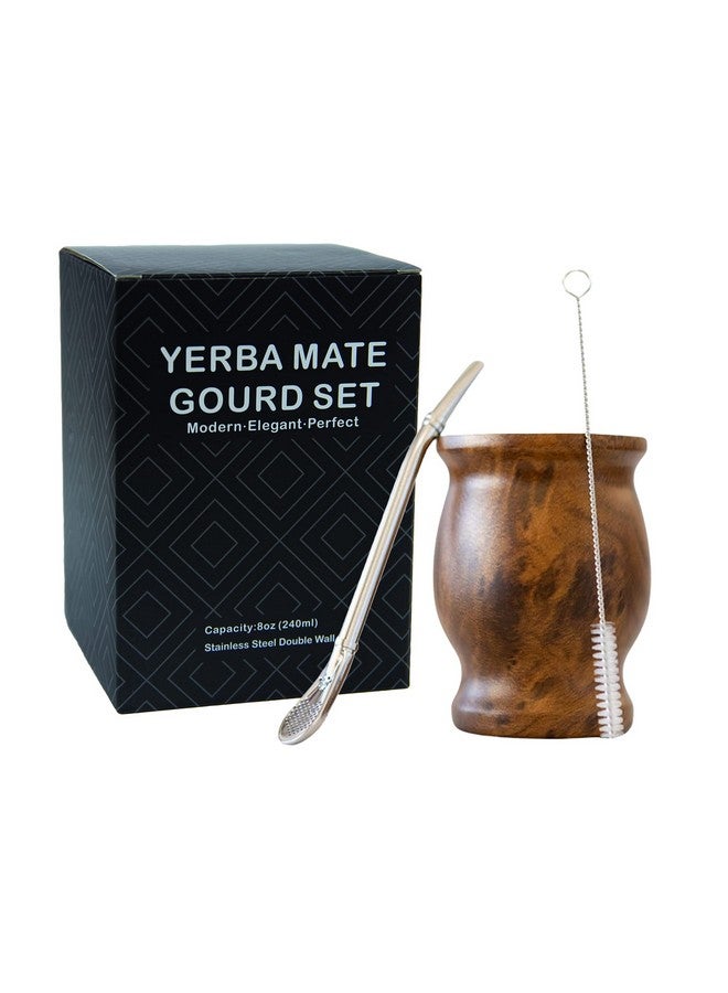 LA FEE Yerba Mate Natural Gourd/Tea Cup Set Brown (Original Traditional Mate Cup - 8 Ounces)，Includes Yerba Mate Straw & Cleaning Brush，Stainless Steel | Double-Walled | Easy to Clean (Brown) - Image 1