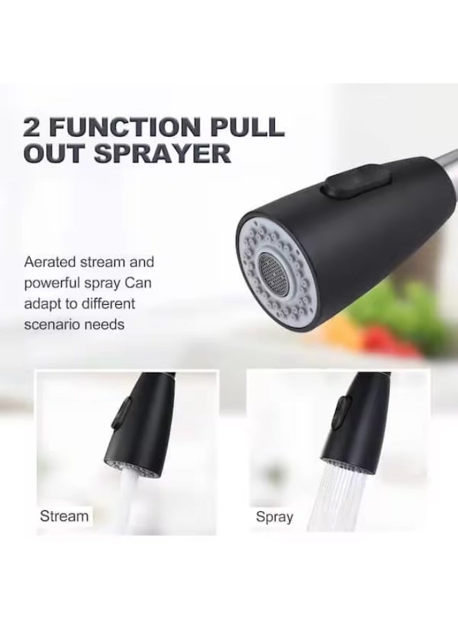 تدفق المياه خلاط مطبخ بمياه ساخنة وباردة، صنبور بسحب رشاش مع وضعين – خلاط حوض مطبخ بفوهة دوّارة 360 درجة، باللون الأسود - Image 4