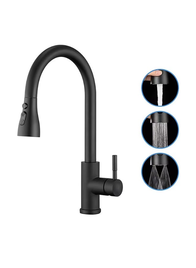 تدفق المياه خلاط مطبخ بمياه ساخنة وباردة، صنبور بسحب رشاش مع وضعين – خلاط حوض مطبخ بفوهة دوّارة 360 درجة، باللون الأسود - Image 1