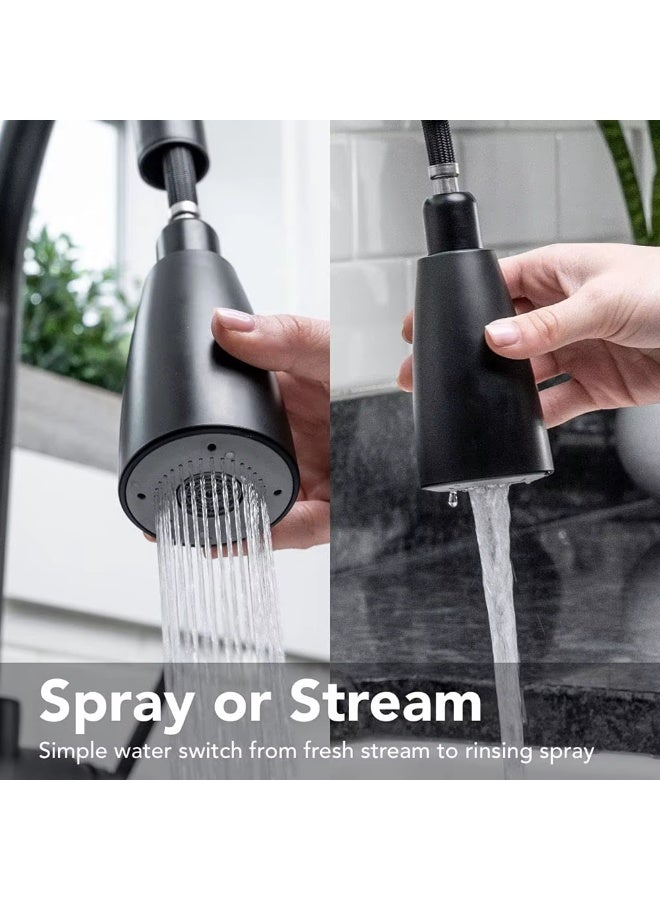 تدفق المياه خلاط مطبخ بمياه ساخنة وباردة، صنبور بسحب رشاش مع وضعين – خلاط حوض مطبخ بفوهة دوّارة 360 درجة، باللون الأسود - Image 3