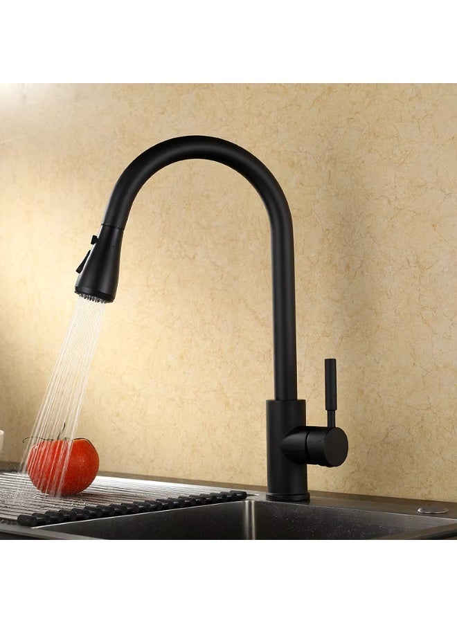 تدفق المياه خلاط مطبخ بمياه ساخنة وباردة، صنبور بسحب رشاش مع وضعين – خلاط حوض مطبخ بفوهة دوّارة 360 درجة، باللون الأسود - Image 2