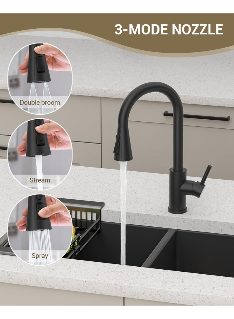 تدفق المياه خلاط مطبخ بمياه ساخنة وباردة، صنبور بسحب رشاش مع وضعين – خلاط حوض مطبخ بفوهة دوّارة 360 درجة، باللون الأسود - Image 5