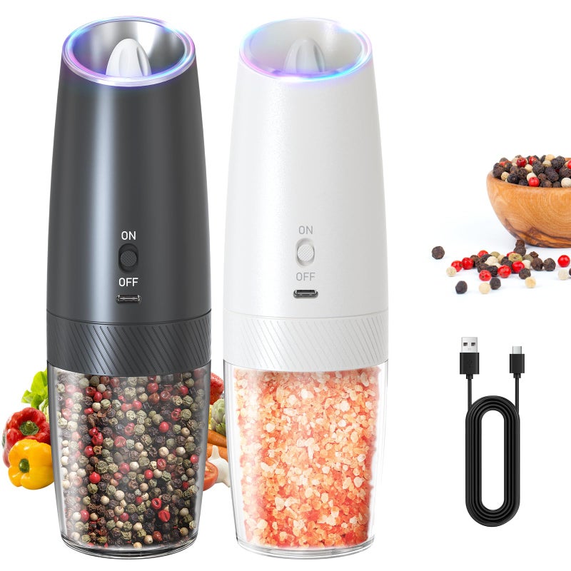 CIRCLE JOY Rechargeable Salt and Pepper Grinder Set Gravity Electric Salt and Pepper Grinder Set LED Light Adjustable Coarseness for Home Kitchen BBQ Black  White