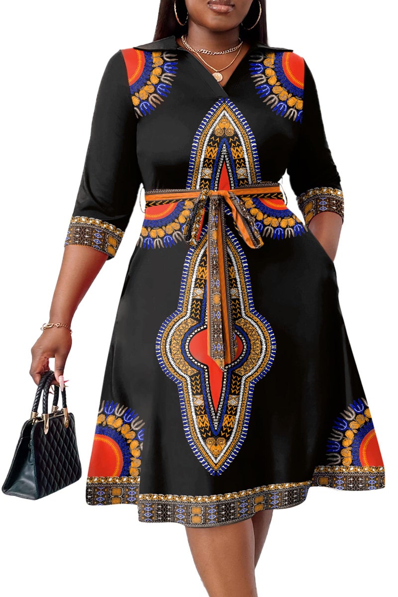 FANDEE Women's African Print Dress Work Business Fit and Flare 3 4 Sleeve V Neck A Line Dresses Plus Size 3XL - Image 1