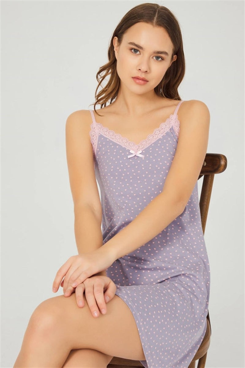 COTTONHILL Gray Patterned Thin Strap Cotton Women's Nightgown  - Image 3