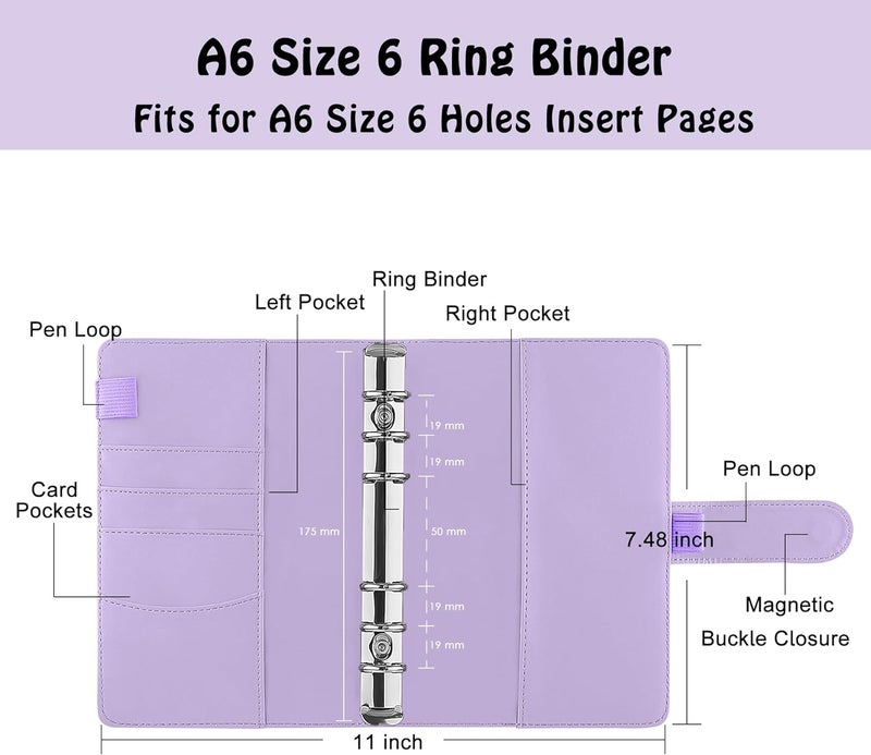 Antner A6 PU Leather Notebook Binder - Refillable 6 Ring for A6 Filler Paper, Loose Leaf Personal Planner Cover With Magnetic Buckle Closure, Purple - Image 2