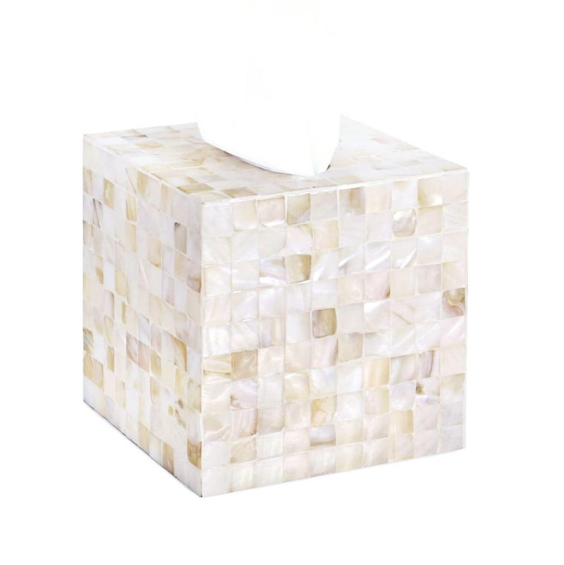 PEMAR Handcrafted Wooden Tissue Box Cover for Small Cube Tissue Boxes Only (Max Inner Size 4.7”) – Mother of Pearl Inlay Decorative Tissue Holder for Bathroom, Living Room & Office (White Sand) - Image 1