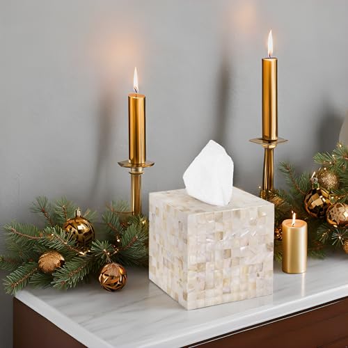 PEMAR Handcrafted Wooden Tissue Box Cover for Small Cube Tissue Boxes Only (Max Inner Size 4.7”) – Mother of Pearl Inlay Decorative Tissue Holder for Bathroom, Living Room & Office (White Sand) - Image 5