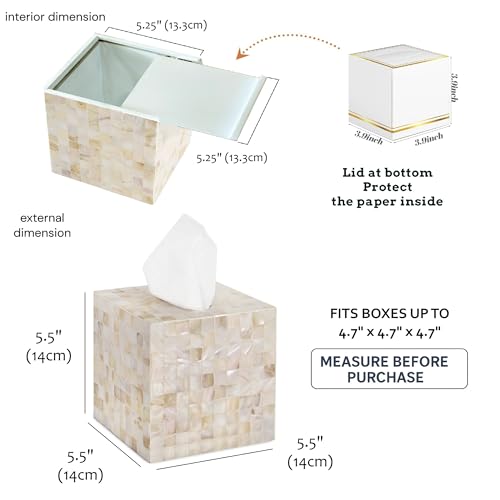 PEMAR Handcrafted Wooden Tissue Box Cover for Small Cube Tissue Boxes Only (Max Inner Size 4.7”) – Mother of Pearl Inlay Decorative Tissue Holder for Bathroom, Living Room & Office (White Sand) - Image 4