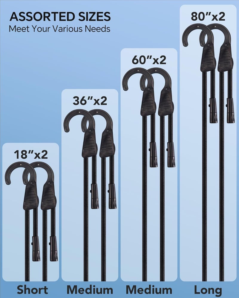 LuckyStraps 18" 36" 60" 80" Adjustable Bungee Cords Assorted Sizes with Hooks, Black Bungee Straps with Superior Elasticity & UV Resistance, Perfect for Cargo, Camping, Tarps, Tents, Bike, Luggage, etc (8 Pcs) Simple practical structure - Image 4
