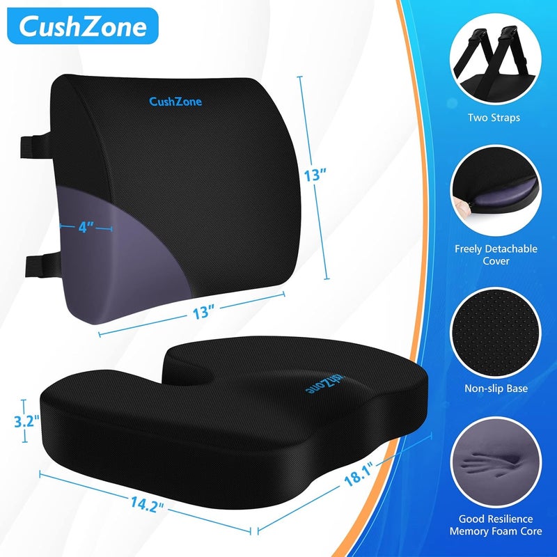 CushZone Seat Cushion, Lumbar Support Pillow with Adjustable Strap-Chair Cushions for Sciatica Pain Relief-with Washable Cover Memory Foam for Car, Travel and Wheelchair-Black - Image 3