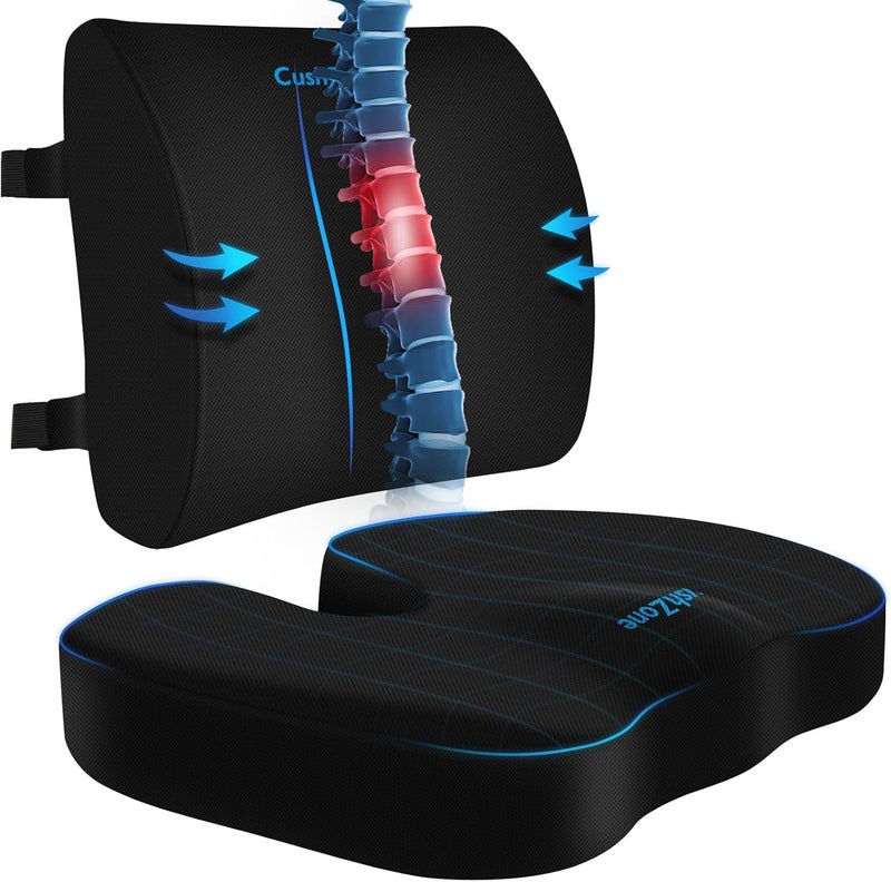 CushZone Seat Cushion, Lumbar Support Pillow with Adjustable Strap-Chair Cushions for Sciatica Pain Relief-with Washable Cover Memory Foam for Car, Travel and Wheelchair-Black - Image 1