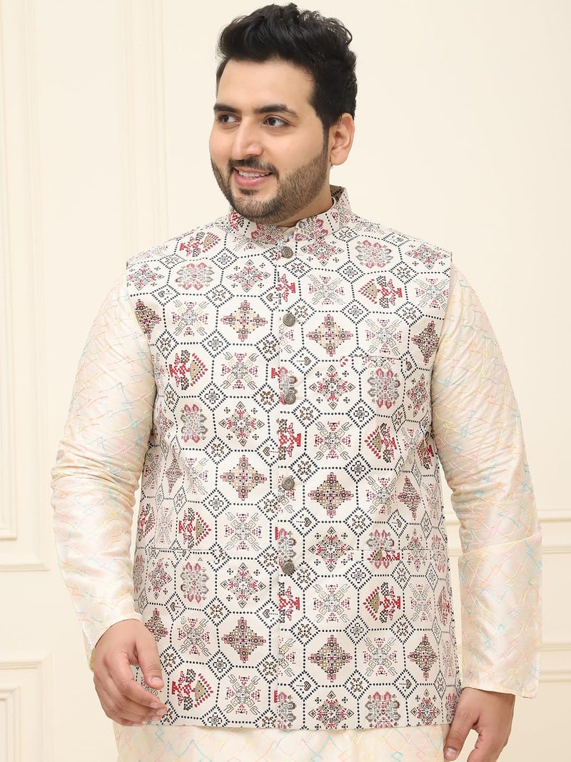 SOJANYA Plus (Since 1958) Men's Cotton Linen Cream & Multi Printed ONLY Nehru Jacket - Image 2