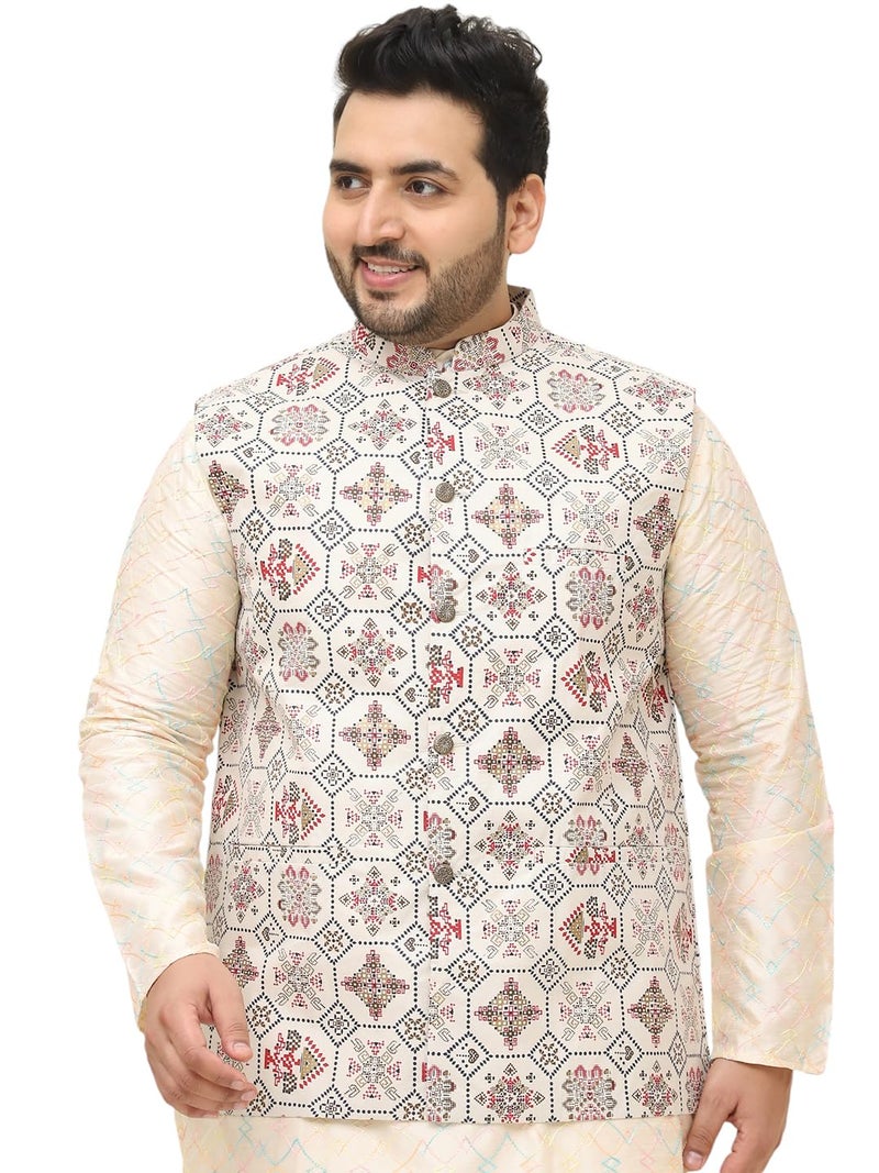 SOJANYA Plus (Since 1958) Men's Cotton Linen Cream & Multi Printed ONLY Nehru Jacket - Image 1