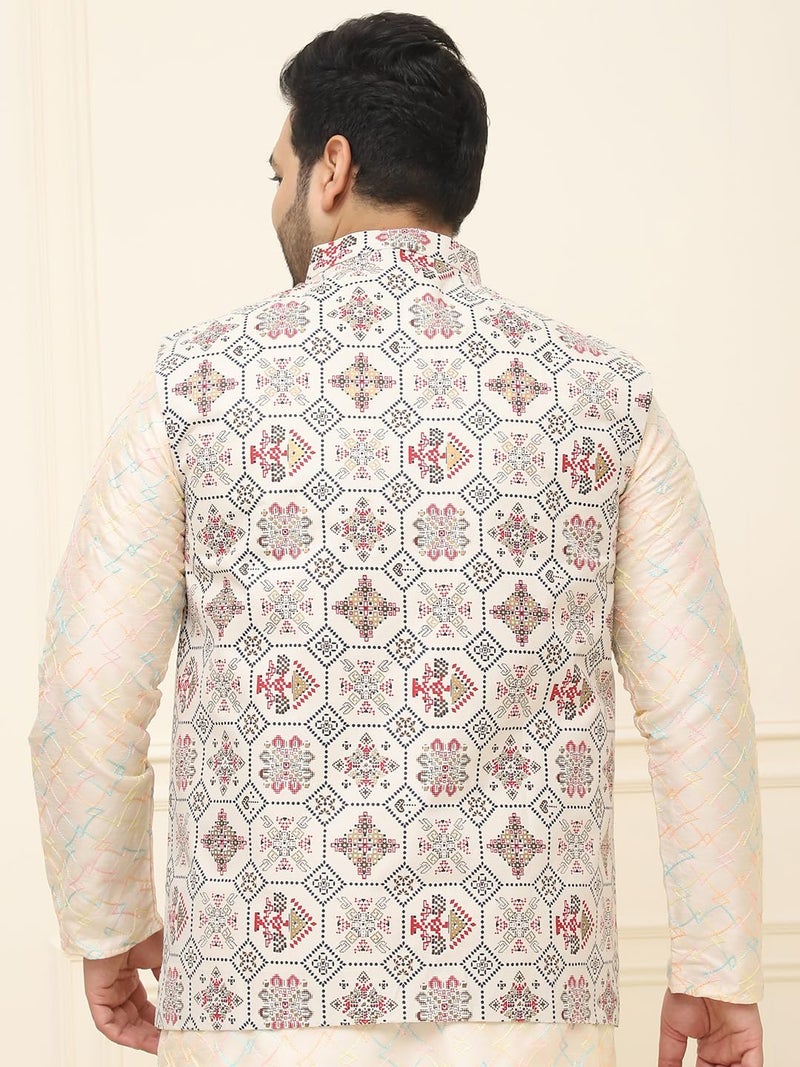SOJANYA Plus (Since 1958) Men's Cotton Linen Cream & Multi Printed ONLY Nehru Jacket - Image 5