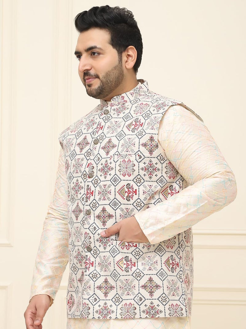SOJANYA Plus (Since 1958) Men's Cotton Linen Cream & Multi Printed ONLY Nehru Jacket - Image 3