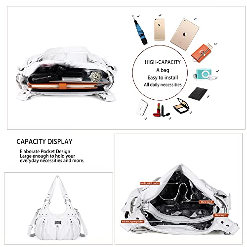 Angel Kiss Angelkiss Purses and Handbags for Women Washed Faux Leather Crossbody Hobo Satchel Shoulder Handbag Large Tote Purse(White) - Image 4