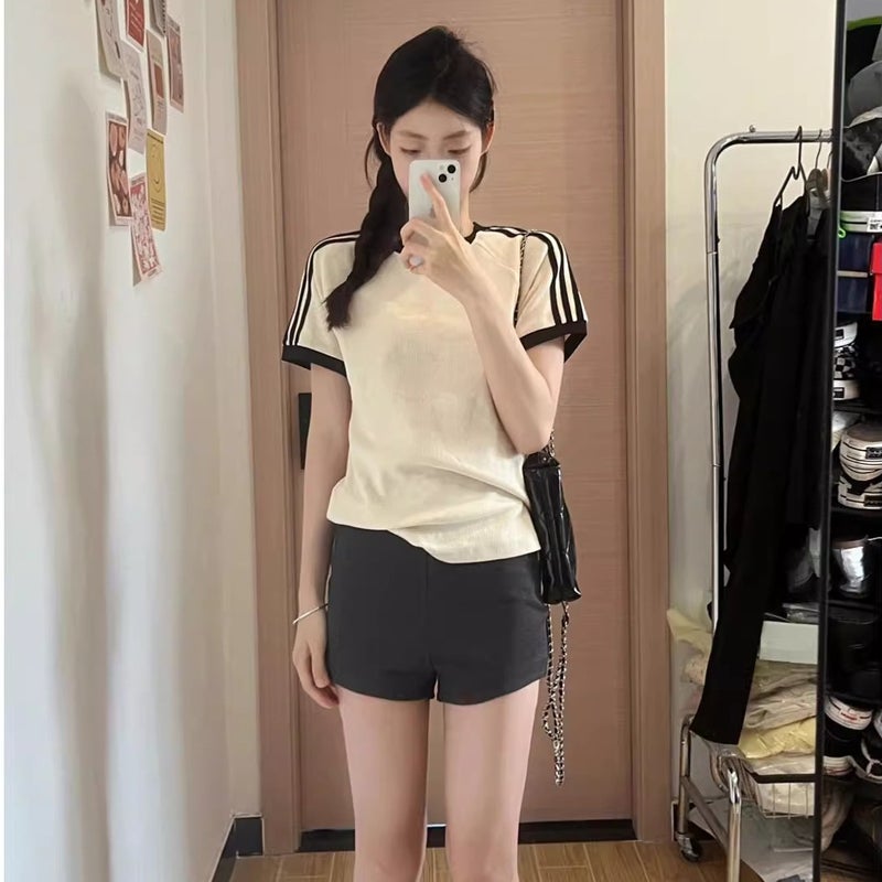 Summer Sports Short-Sleeved T-Shirt Fashion Classic Shoulder Contrast Color Women'S Three Bars Design Sense Slim-Fit Slimming T-Shirt Top - Image 4