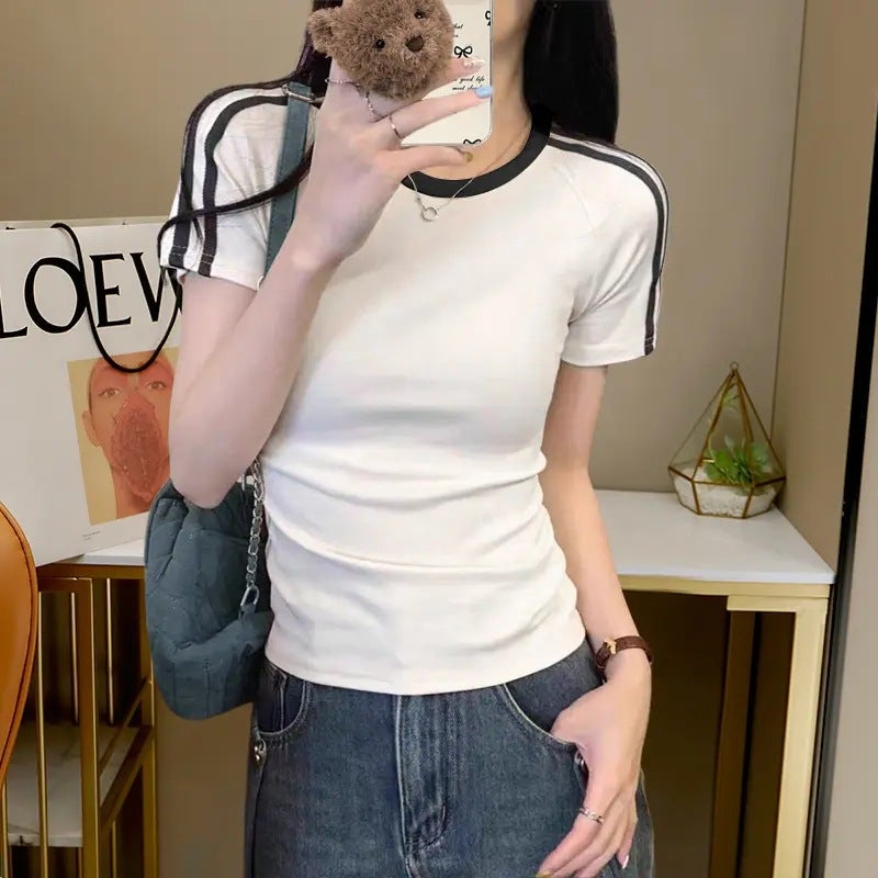 Summer Sports Short-Sleeved T-Shirt Fashion Classic Shoulder Contrast Color Women'S Three Bars Design Sense Slim-Fit Slimming T-Shirt Top - Image 2