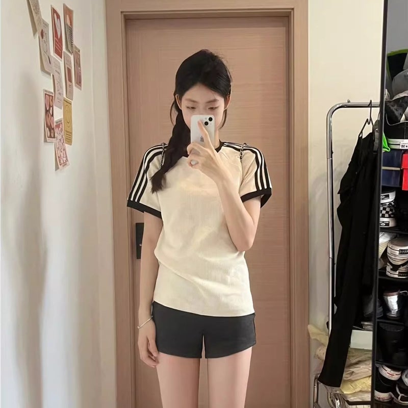 Summer Sports Short-Sleeved T-Shirt Fashion Classic Shoulder Contrast Color Women'S Three Bars Design Sense Slim-Fit Slimming T-Shirt Top - Image 5