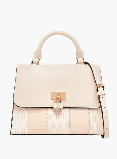 ELLE Women Monogram Print Satchel Bag with Adjustable Strap and Button Closure